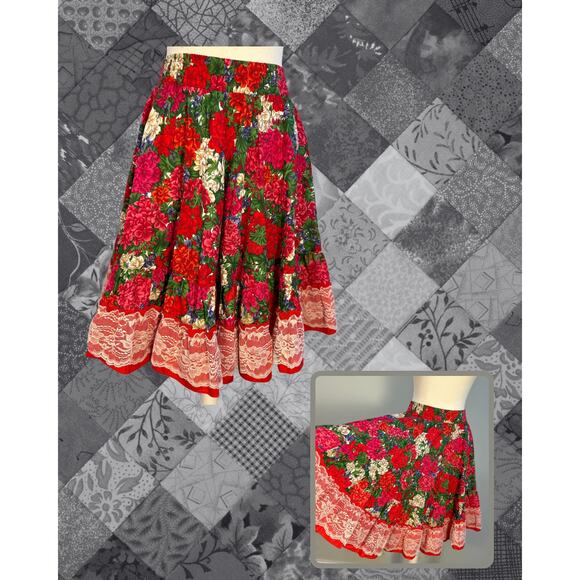 Vintage Dresses & Skirts - Vintage Square Up Fashions Red Floral White Lace Circle Country Skirt Size S